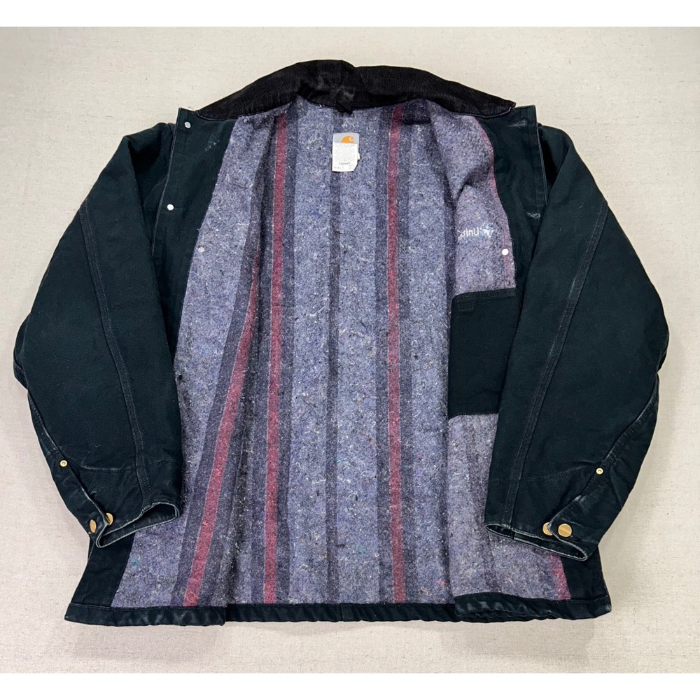 Vintage Carhartt C01 BLK Duck Chore Coat Mens 50 Black Blanket Lined Work Jacket - Picture 4 of 7